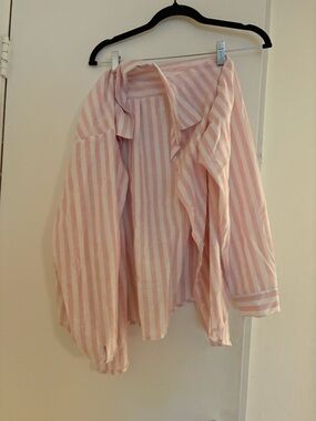 Striped Pink and White Button-Up Shirt- linen pajama set